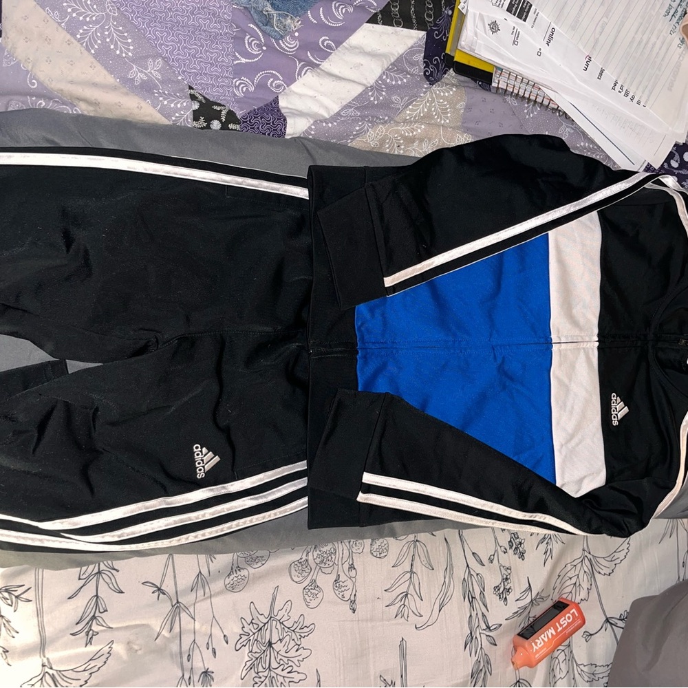 Adidas Black and Blue Tracksuit with White Stripes